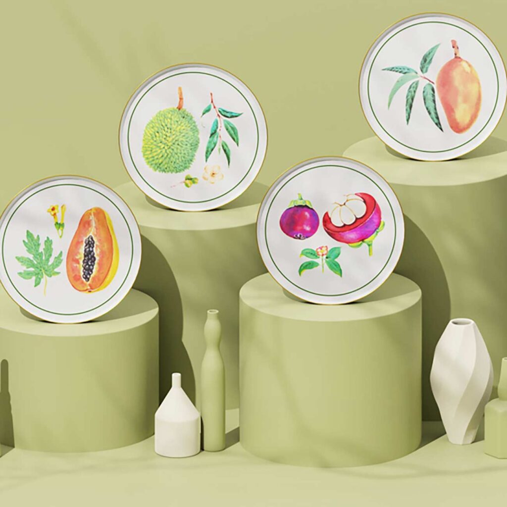 Plates and platters adorned with stunning Philippine fruit design.