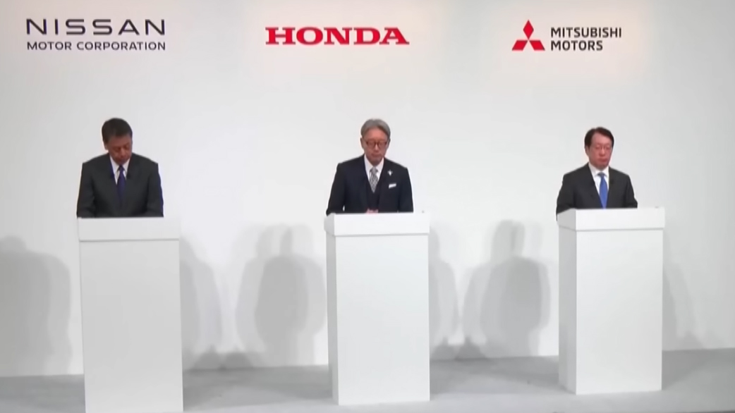 Merger talks. From left, Nissan Director, President, CEO and Representative Executive Officer Makoto Uchida, Honda Director and Representative Executive Officer Toshihiro Mibe, Mitsubishi Motors Director, Representative Executive Officer, and President and CEO Takao Kato. (Screengrab from Nissan-Honda press online press conference, December 23, 2024)