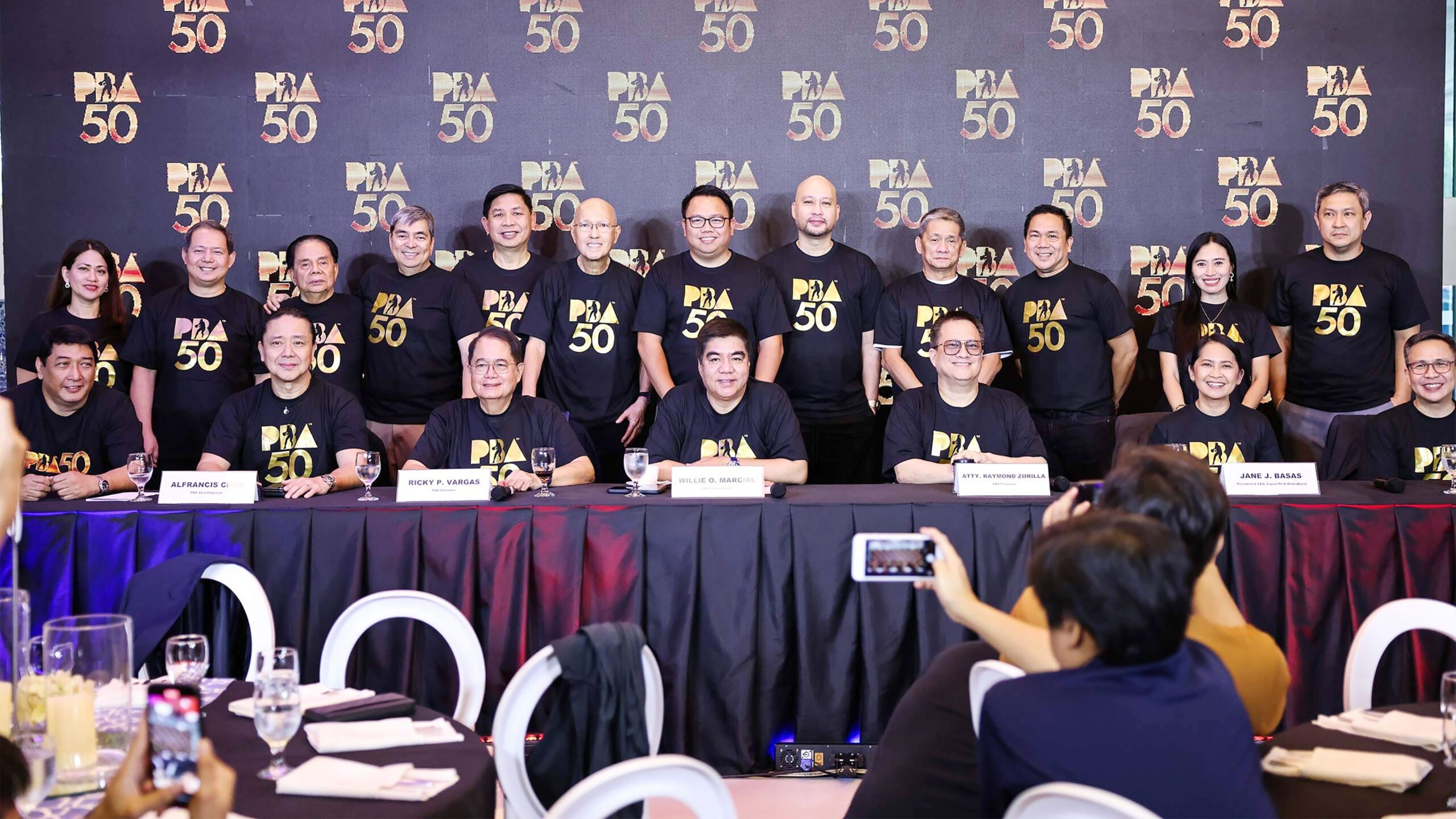 ON TO 50: San Miguel sports director Alfrancis Chua (from left), PBA chairman Ricky Vargas and Commissioner Willie Marcial grace the league’s launch of its coming 50th season.