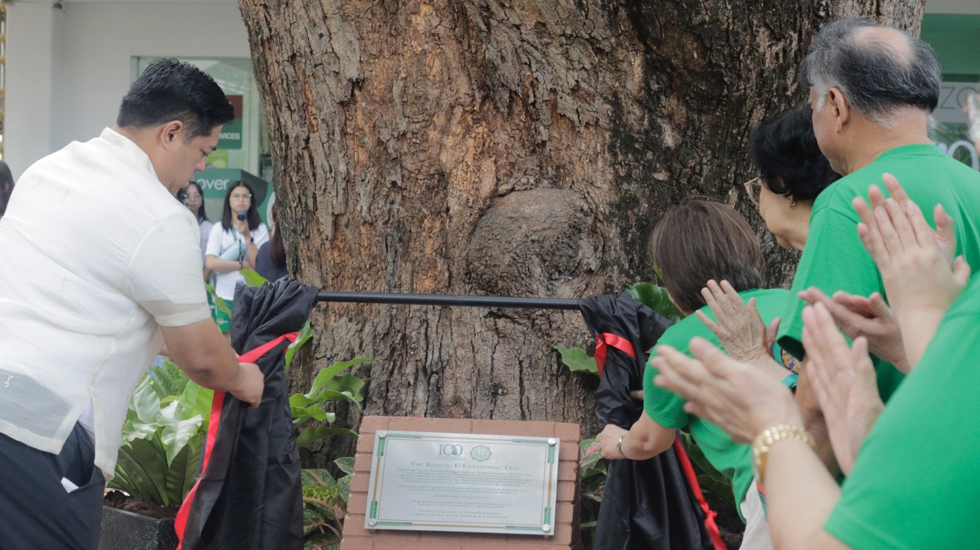 Together with Baliwag City Mayor Ferdie Estrella, Pres. Patricia Lagunda unveils the symbolic marker for the mango tree that has stood for over 100 years in the Baliuag University campus