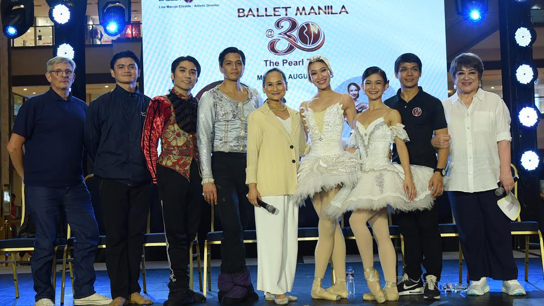 (L-R) Ballet Manila choreographer Martin Lawrance; principal dancers Joshua Enciso, Romeo Peralta and Junmark Sumaylo; CEO and artistic director Lisa Macuja-Elizalde; principal dancers Abigail Lynn Oliveiro and Shaira May Comeros; artistic associate Gerardo Francisco Jr; and event host Mitch Valdes