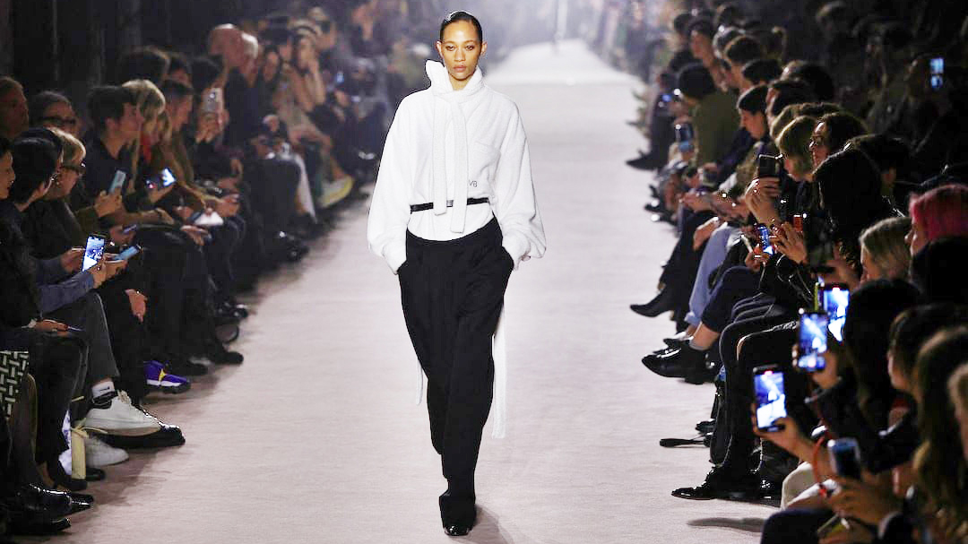 Fashion designer Victoria Beckham appears at the end of her Fall/Winter 2025-2026 Women’s ready-to-wear collection show during Paris Fashion Week in Paris, France.