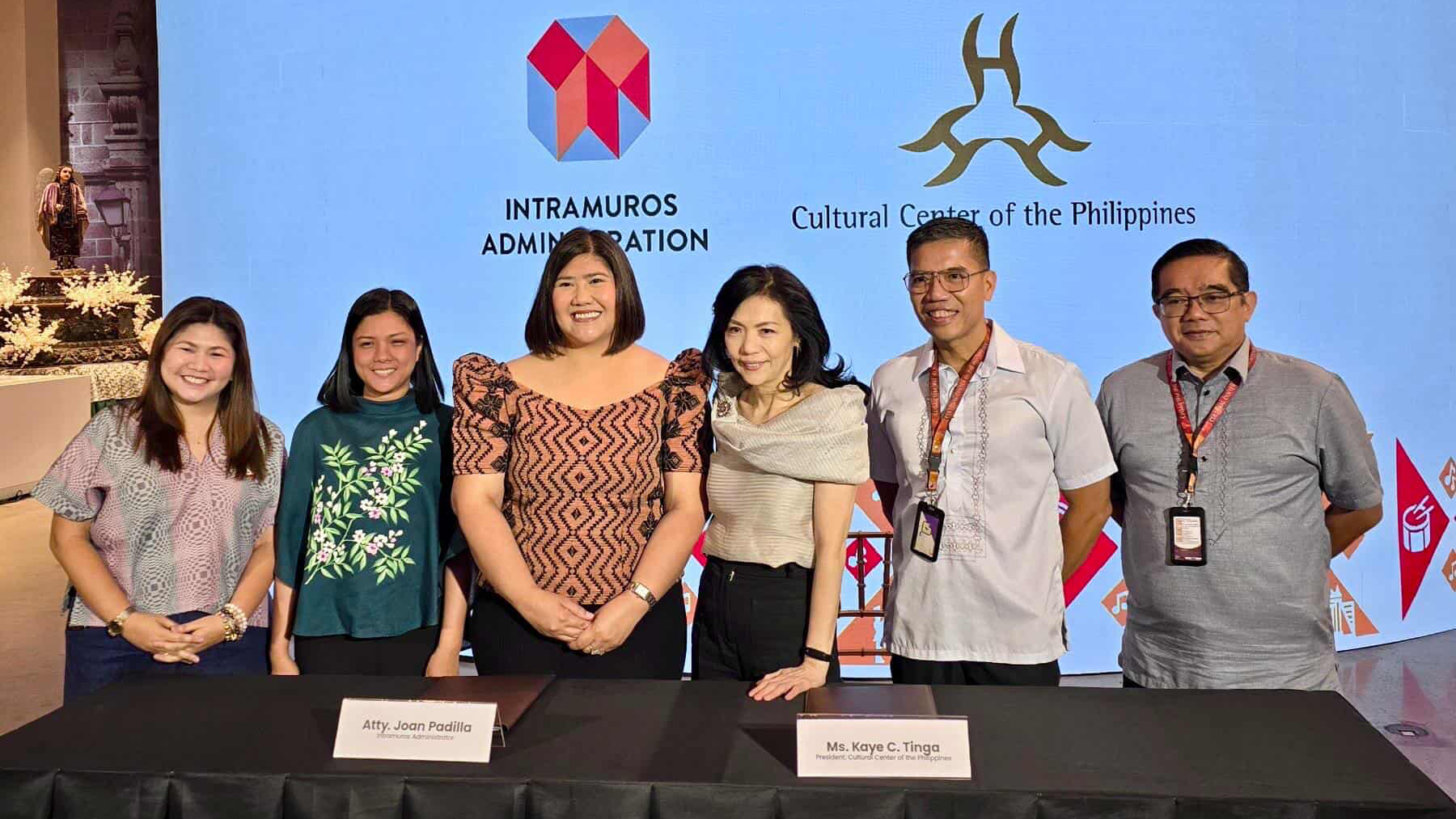 Culture + Tourism = Intramuros Ceremonial signing between IA and the CCP (L-R): Dang V. Mendoza, head of the Business Management Division Intramuros Administration (IA), Rhea Kristine J. Cy, head, IA Tourism Promotions Division IA, Atty. Joan M. Padilla, IA Administrator, Kaye C. Tinga, President of the Cultural Center of the Philippines (CCP), Jose Victor Gaite, VP for Administration, CCP, and Dennis M. Marasigan, VP and Artistic Director, CCP